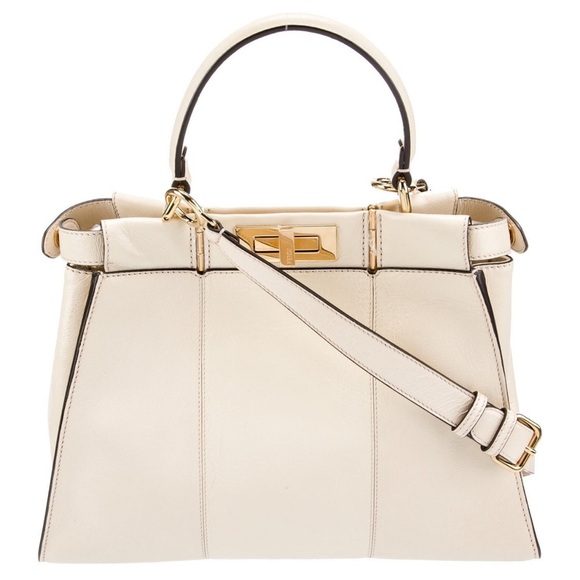 FENDI Agnello Old Shine Medium Peekaboo Iconic Satchel Camelia Cream Gold H/W - Picture 8 of 11